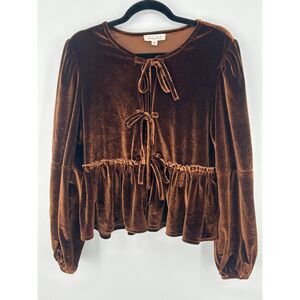 Sweet Generis Tie Velvet Brown Boho Shirt Babydoll Open Front Top Size M